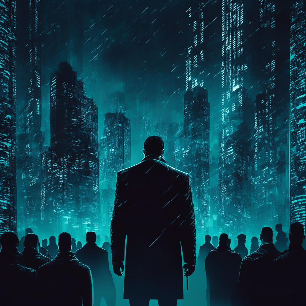Moody noir-styled image illustrates the controversy surrounding a blockchain program. Dark, drizzly, cyberpunk cityscape with skyscrapers overlayed by holographic blockchain elements. A shadowy, stylized figure symbolizing a CEO stands, defending a glowing, holographic 'Intel Exchange' sign. Crowds of anonymous faces, both supportive and skeptical, swirling around him.