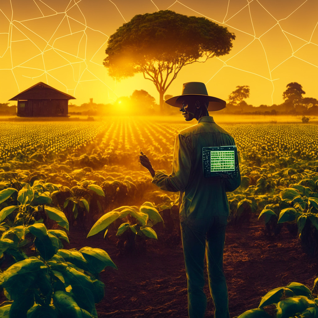 Sunset at an East African farm, blockchain technology subtly represented as a glowing network of nodes across the landscape. Farmer tending to avocado trees, holding a digital device emitting radiant AI and satellite graphics, hinting at modern technologies. Coffee plants in the background indicating Latin American connection. Mood: cautiously optimistic, yet uncertain.