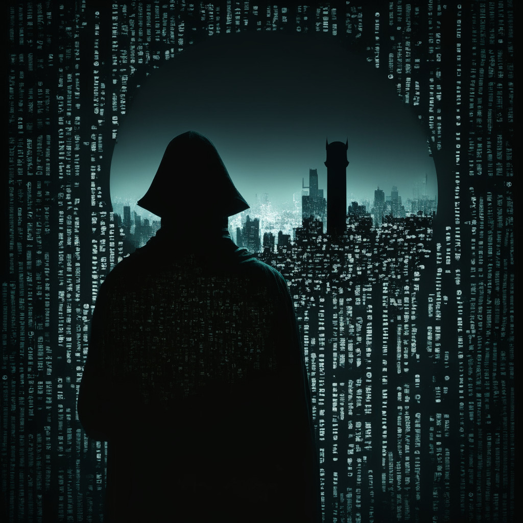 A dusky, art noir style scene of a menacing, faceless figure shrouded in darkness, symbolic of anonymous cryptocurrency users. A digitized magnifying glass revealing the figure's identity represents Arkham Intel Exchange. Signals of tension and controversy surrounding the unmasking concept are conveyed, with divided symbols of privacy and transparency. A backdrop of binary code fades into a cityscape, symbolising the digital landscape of crypto, and an old-fashioned balance scales symbolizes the fight for justice.