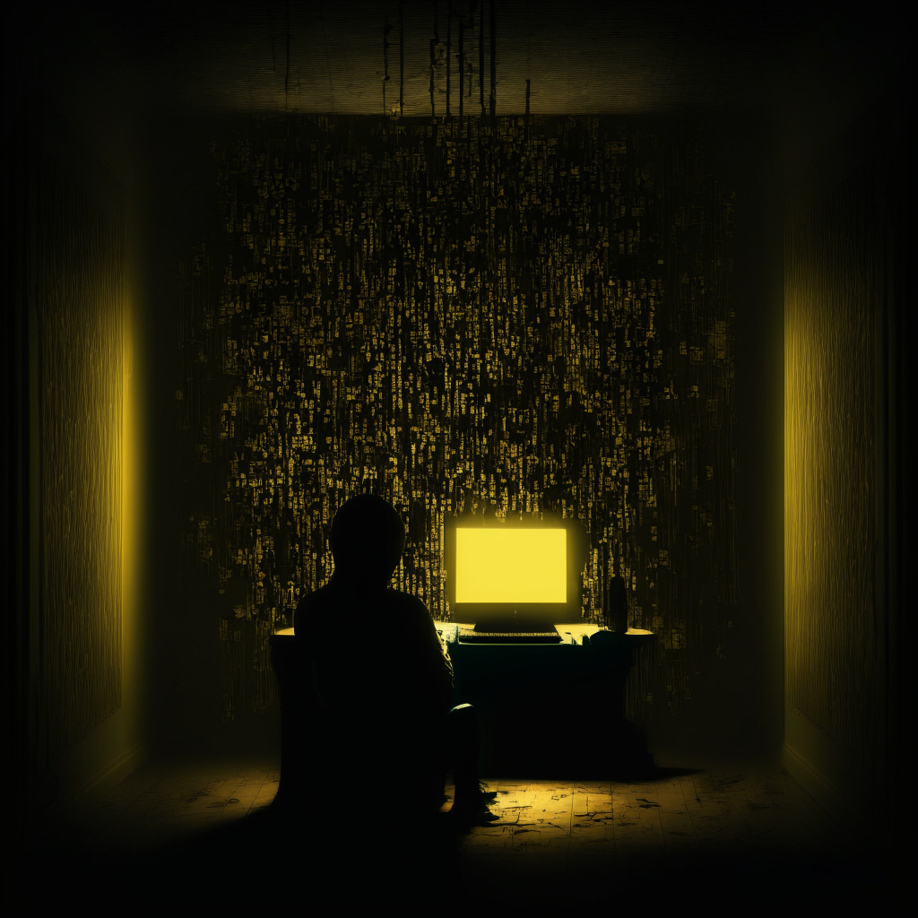 A dimly lit room illuminated by a computer screen, a shadowy figure examining blockchain data. Stylistically, a mix of noir and digital art. Images of a golden key and a mask, signifying the tension between transparency and privacy. The mood is tense and suspenseful yet balanced, representing the sparkling potential and dark underbelly of cryptocurrency.