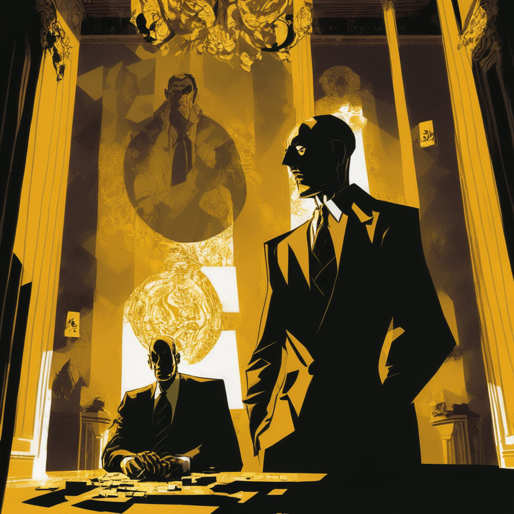 A poised depiction of a tense scene in a palatial mansion, rendered in a contemporary cubist style. The image captures former crypto executive and a congressional candidate, under the stark light of interrogation, with threads of financial intrigue unraveling in the background. Dark shadows across the image hint at the investigative undertone, while subtle splashes of gold symbolize the world of cryptocurrency. Vibrant reds and blues are used to indicate the political backdrop, mildly illuminating the overall mood of intense scrutiny and anticipation.