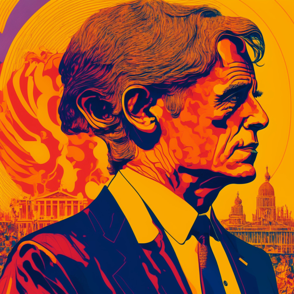 An illustrative depiction of Robert Kennedy Jr. in a sophisticated presidential stance, against a richly nuanced background detail of Bitcoins. Artistic style reminiscent of a political poster, saturated warm colors illuminating the scene. Capturing the dual mood of investing trust and looming risk in the volatile dynamics of cryptocurrency.