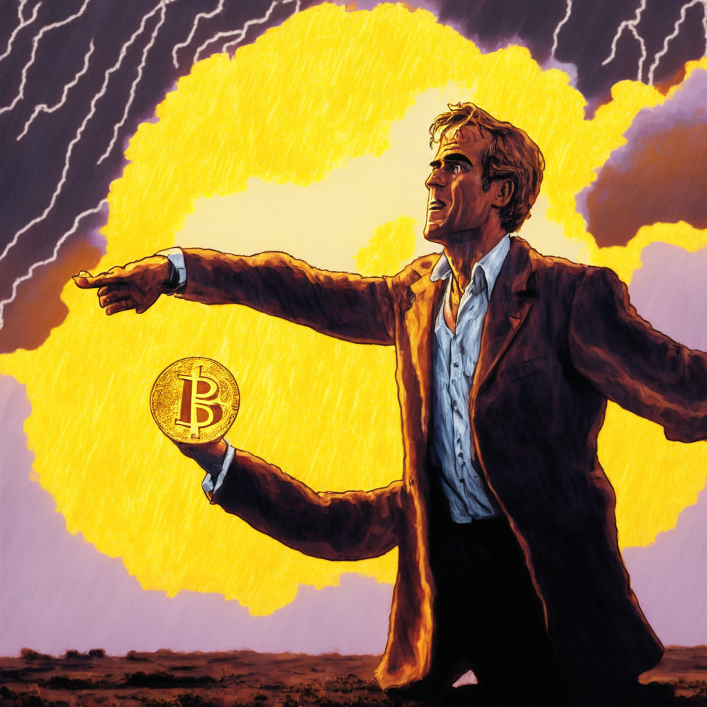 An expressionistic interpretation of Robert F. Kennedy Jr. at a Bitcoin conference, bathed in the warm hues of revelation and conviction. Coin dropping into his hand, illustrating his change of heart. Palpable tension with stormy sky in the background, hinting at future implications and the political seesaw. A glowing Bitcoin symbol in the hand of his unseen children.