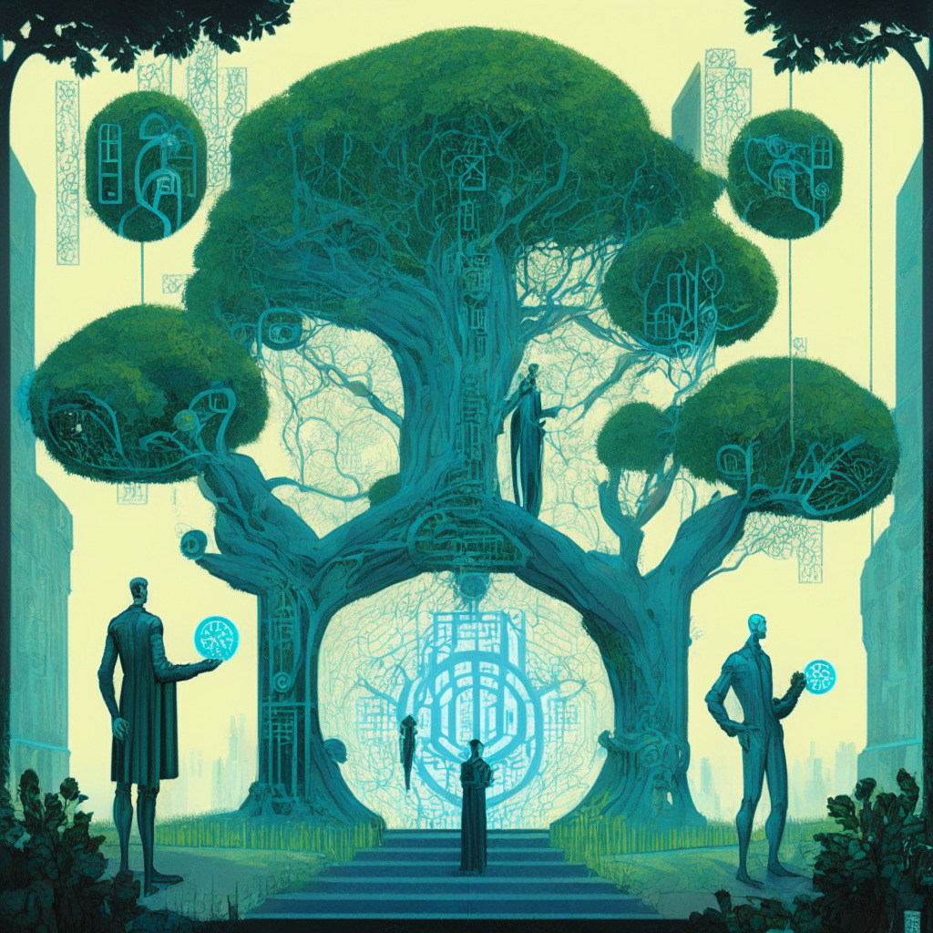 A cyber-themed art nouveau style painting. Foreground: a tech giant depicted as a monolithic figure, one hand gripped tightly on a symbolic 'walled garden', a locked gate subtly integrating blockchain symbols. Midground: Luminescent virtual tree branches carrying numerous growing NFT 'fruits'. The central figures are the lawmakers depicted as architects, inspecting blueprints of the emerging tech. Giant shadows cast over them. Background: A swirling pattern of digital assets, some obscured in low light, intimating opacity vs transparency. Mood: Intriguing, mysterious, tense.