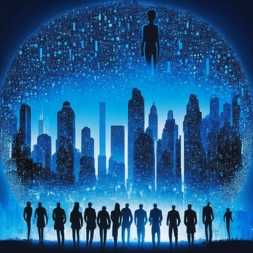 Cybernetic evening skyline with silhouettes of multiple human figures reflecting the diversity of humanity, bathed in electric blue light to represent AI innovation. An enormous, gleaming orb floats gently above the city, symbolizing Worldcoin. It scans iris patterns from the crowd, transforming them into harmless hash codes, represented by faint bursts of light, blending with the digital starscape. Some figures radiate skepticism and fear, others excitement and anticipation. Evident tension between AI's expansion and personhood anchors the mood.