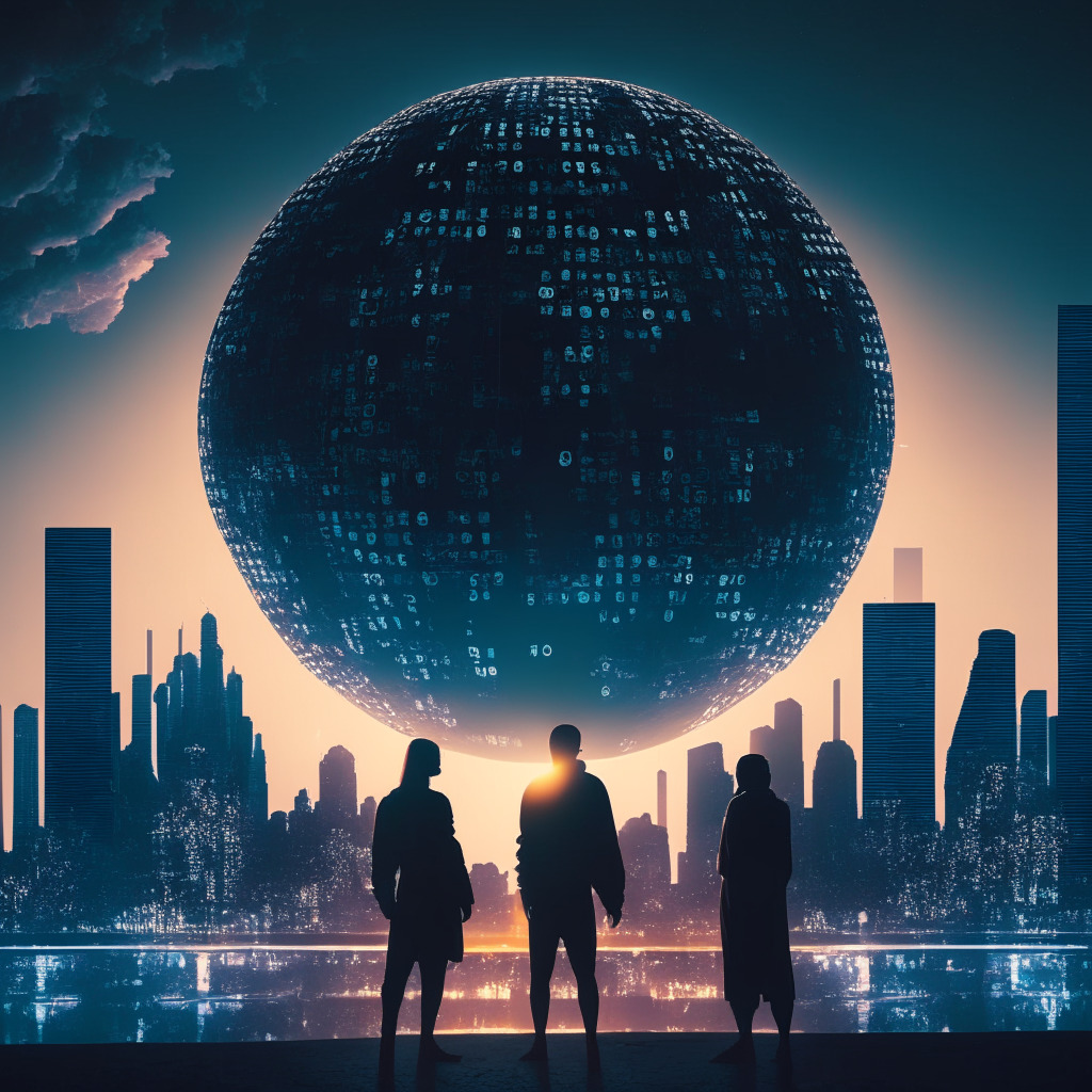 A futuristic cityscape under a twilight sky, with human-like silhouettes representing digital identities. In the center, a glowing orb symbolizing Worldcoin's iris-scanning tech, with binary code subtly integrated in its design. The image has a dystopian aesthetic, with heavy shadows and high contrast, capturing the mood of unease around centralization versus privacy and hinting at possible totalitarian implications. The overall mood is tense yet hopeful, anticipating a pivotal turn in the blockchain paradigm.