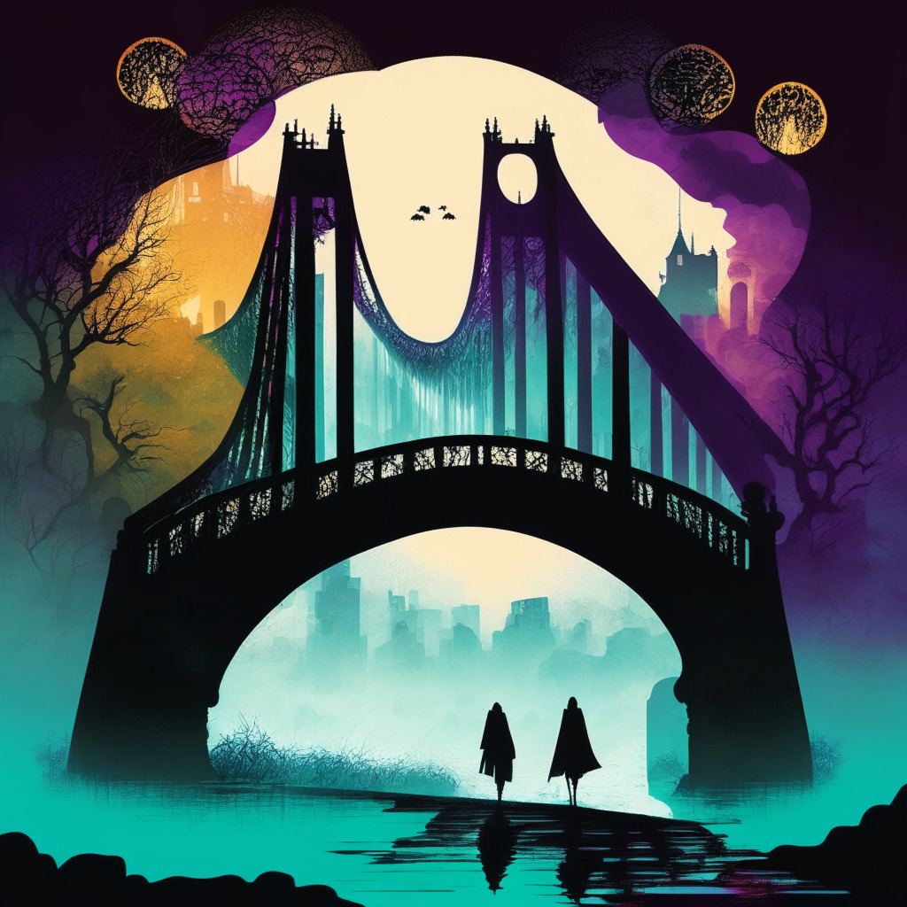 A noir-style landscape depicting two contrasting worlds linked by a bridge, one brimming with vibrant colours symbolizing blooming blockchain platforms, the other portraying the illusion of wealth with ghostly tokens floating around. The bridge, shrouded in a wavering haze, shows a silhouette of masked perpetrators exploiting a loophole. The image is tinged with a sense of foreboding, capturing the inherent risks within blockchain ecosystem.