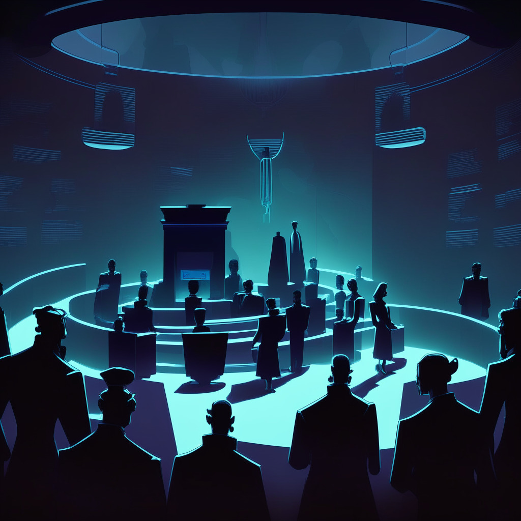 A detailed virtual courtroom scene in a neo-noir style, set in the twilight hour. A group of investors, visually represented as various digital avatars, stand accusingly against an ethereal nonfungible token, glowing ominously. The atmosphere should be tense and dramatic, pointing towards the conflict between decentralization and security in the blockchain space. In the background, a figure symbolizing an independent investigator unravels threads of light, illuminating the scene and revealing truth. Despite the scene's dark elements, ensure a ray of hope breaking through the distant horizon, symbolizing the optimistic future of crypto.