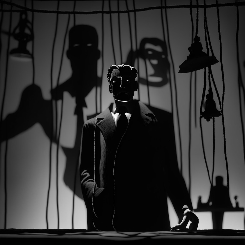 A figurative scene highlighting justice and deception in a dramatic, noir-esque style. The image has a stern judge at a stand under somber, low lighting, symbolizing looming trials. Sam Bankman-Fried, entangled in puppet strings, represents alleged political manipulation, staged in the dark shadow of the court. The mood is tense, with the uneasy anticipation of a pending verdict.