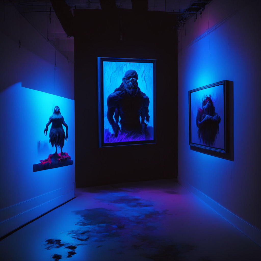 An ominous atmosphere of a digital art gallery at midnight, filled with ethereal glow of the hacked Ethereum-based NFT collection including the valuable Bored Ape piece. Heist under way, conducted by a shadowy, ghost-like hacking figure, deceptively advertising a public airdrop as a decoy. Scene steeped in hues of danger-red and icy-blue, displayed in a hacked, glitch-art style to reflect peril and tension.