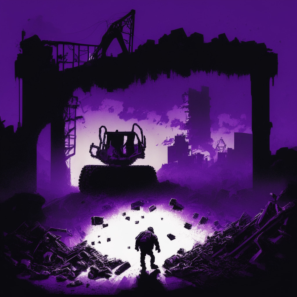 Twilight-lit scene of digital key chains strewn across a cracked concrete bridge spanning between stylized representations of diverse blockchains. A shadowy figure, bathed in ghostly purple light, depicted as mischief-maker mid-action, rogue keys in hand. Depict a bulldozer in mid-demolition alarmingly in the horizon, symbolizing the security breach.