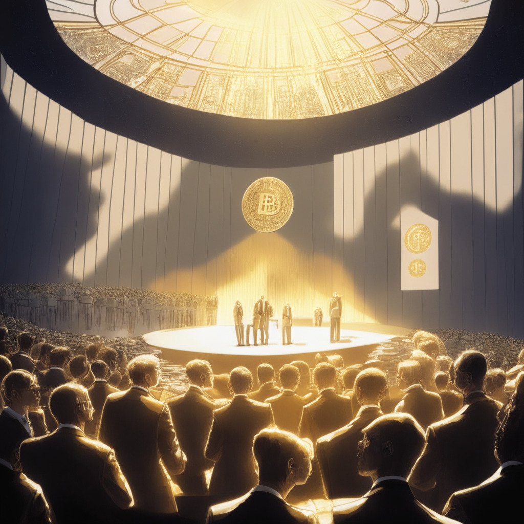 An intriguing, futuristic political gathering, Democrats debating Bitcoin's economic role, Robert F. Kennedy Jr. centre stage. Artificial sunlight beams through glass domes, evoking optimism. Kennedy's bold vision symbolized in floating holograms - gold, silver, platinum, bitcoin coins. The setting, simultaneously celebratory and suspicious, delicately balances the thrill of promises with underlying trepidation.