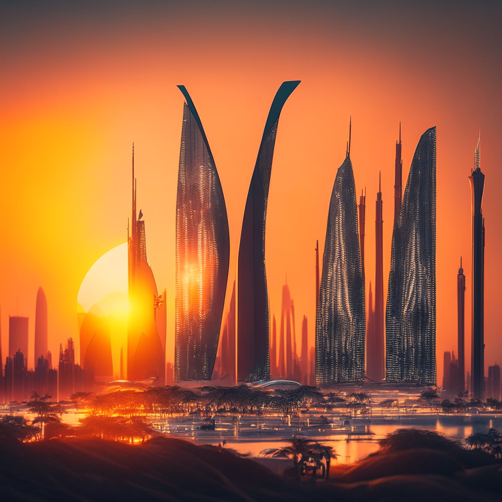 A futuristic cityscape of Abu Dhabi at dusk, accentuated by the soft glow of setting sun, cryptocurrency mining farms interspersed among glass skyscrapers. In the foreground, a phoenix rising symbolizing potential IPO of a major crypto-mining firm. Mood: optimistic anticipation.