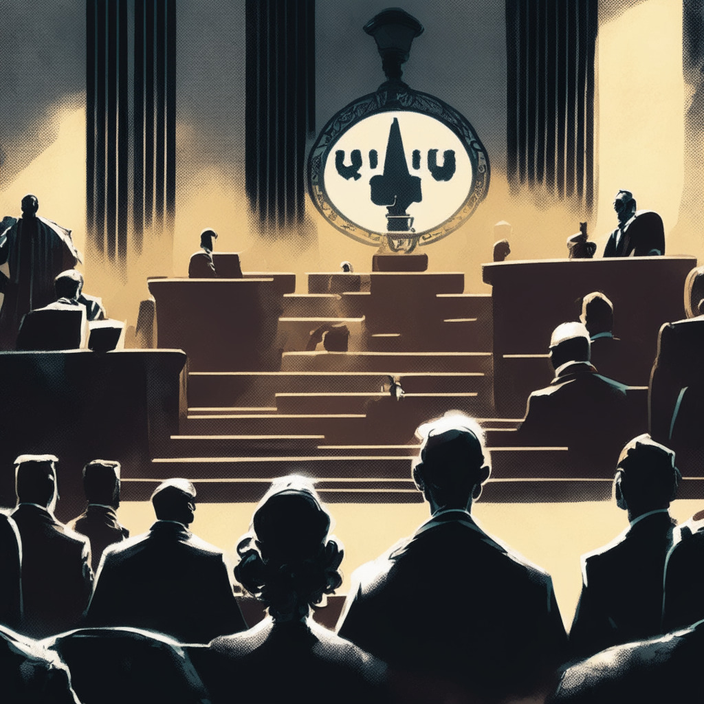 A courtroom drama unfolding, SEC on the stand defending not endorsing Coinbase despite public listing approval. Bitcoin and Ethereum icons as silent spectators. Spectral figures representing international regulators watch closely. A shadowy figure of blockchain bearing question marks symbolizes looming regulatory queries. The mood is of intrigued skepticism, lit with chiaroscuro for dramatic effect.