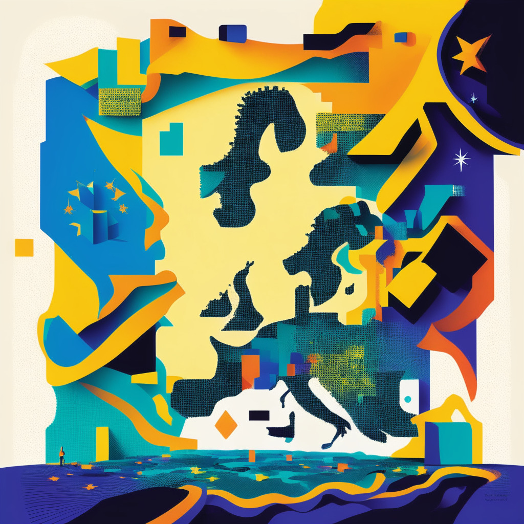 A surrealistic representation of the EU stepping into the new Web4 era, imposing digital landscape with elements symbolizing cryptography, technological transformation, and empowerment. Contemporary style with a mix of muted and bold colors, spotlighting on EU map, symbolizing its central role in this evolution. Mood: hopeful and progressive.