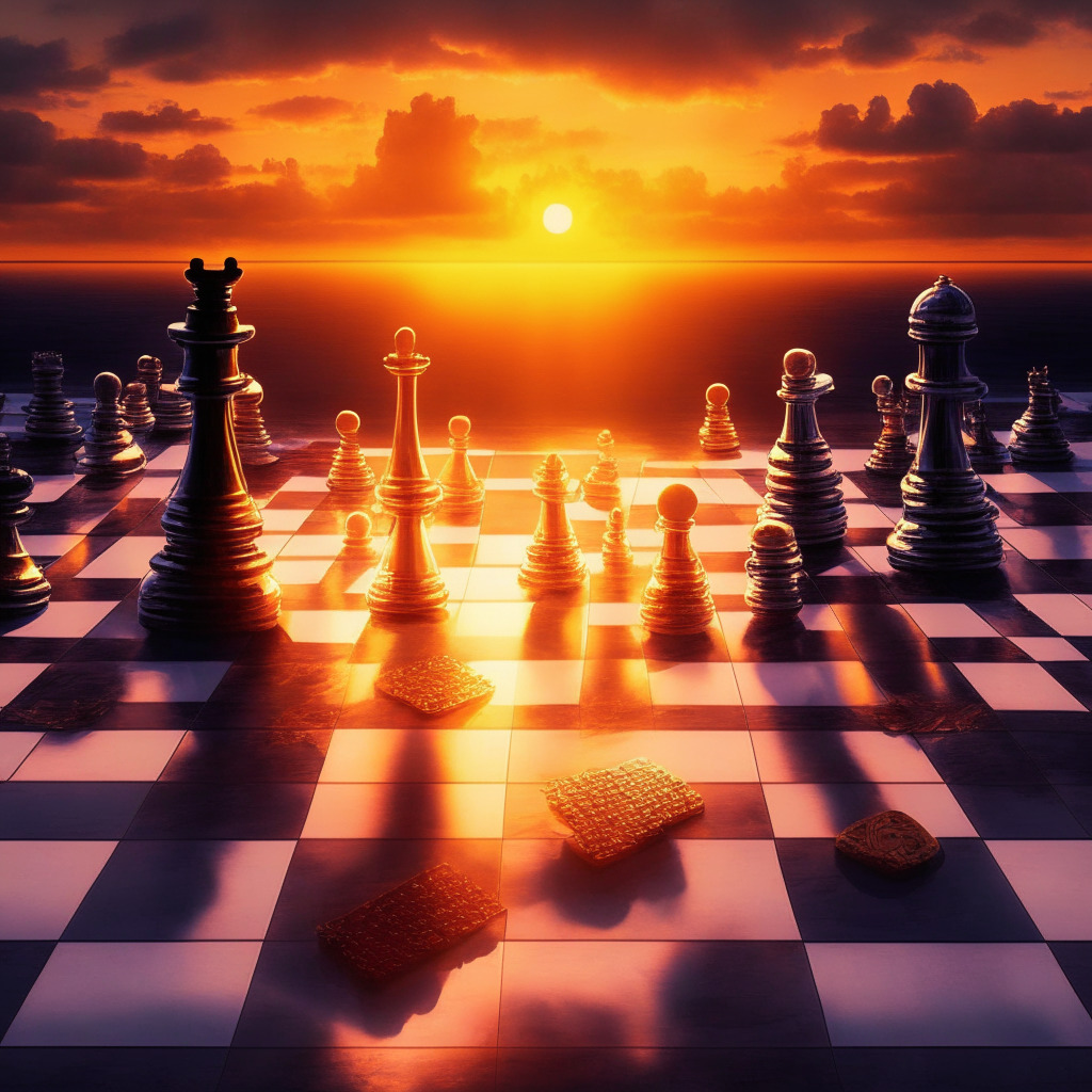 A chess-like showdown between two Blockchain giants: a classic, radiant Bitcoin, wavering below the daunting $30,000 barrier, and a newcomer, BTC20, standing vibrant and hopeful. The chessboard symbolically represents the volatility and strategies of the market. A sunset-glow envelopes the scene, reinforcing the impending shift in power dynamics, whilst casting an air of uncertainty and anticipation. No identifiable logos.