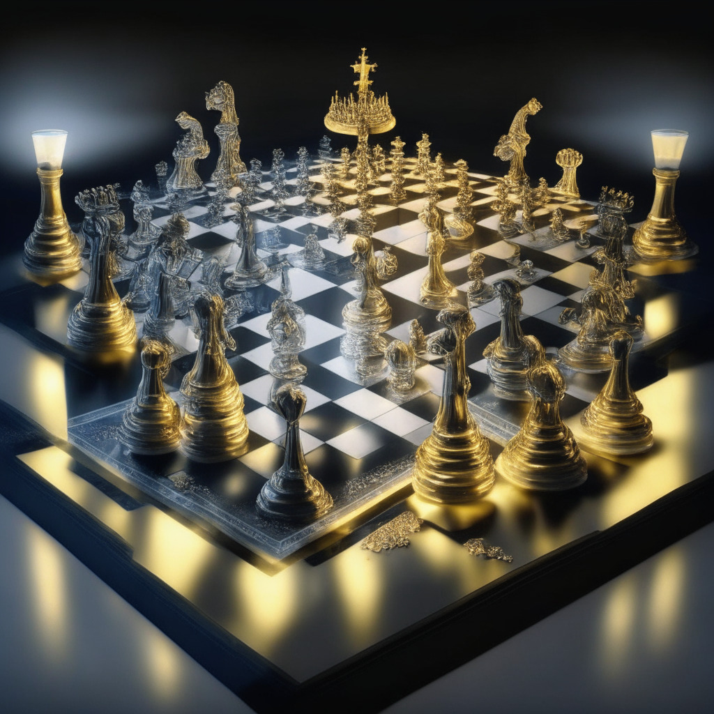 A grand crypto strategy board depicted on a 3D, glass chessboard. Golden and silver chess pieces embody different cryptocurrencies while the King signifies the ProShares Bitcoin Strategy Fund. Chessboard bathed in moonlight symbolizing market unpredictability, casting long yet hopeful shadows, infusing the scene with an air of suspense and intrigue. Art style: surrealism.