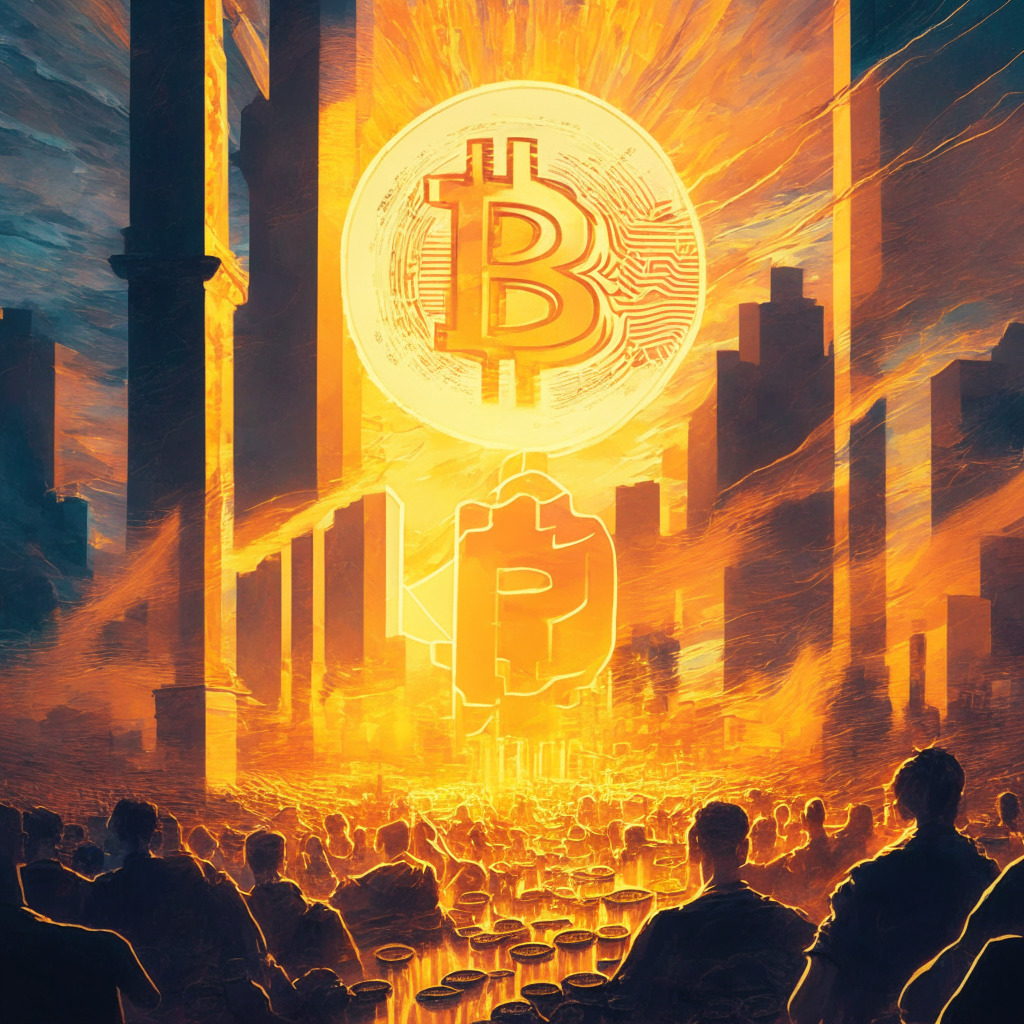 A glowing, ethereal representation of bitcoin in the center of a grand, busy financial market, the image bathed in the warm hues of sunset, signaling intrigue and dynamism. Impressionistic style is used to portray an intensified flow of money into the bitcoin figure, creating a sense of momentum and growth, but juxtaposed with shadowy undertones, hinting at potential risks and creating an atmosphere of suspense.
