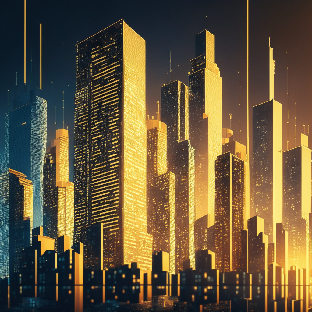 Indicate a dynamic and unpredictable cryptocurrency cityscape with stroked buildings representing various cryptocurrencies. One building (Storj-STORJ) should rise sharply, twice as high in a 48-hour cycle, illuminating with golden light. Include a moderate-sized building (Bitcoin) that remains stable, emitting a gentle glow, symbolic stability. Set in an evening light transitioning to night, the mood of this artwork should evoke a sense of awe, excitement, and slight trepidation.