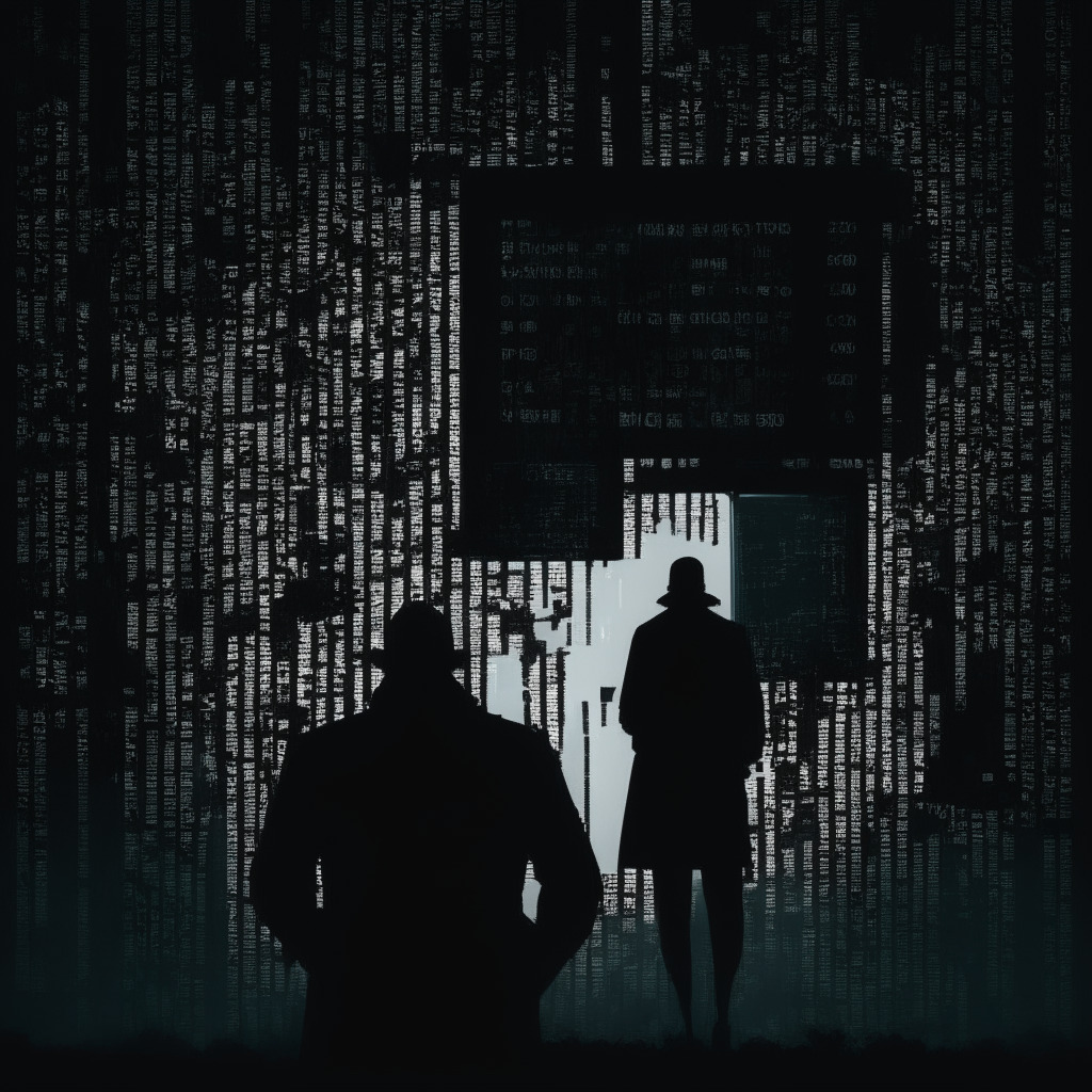 A dimly-lit, modern digital world shattering into fragments, symbolizing a significant cybersecurity breach in the cryptocurrency scene, A silhouette of a detective, reminiscent of film noir style, inspecting lines code-signifying the ongoing investigations, A changing scoreboard with fluctuating values, reflecting the uncertain loss, The scene set in a gloomy atmosphere to denote an alarming yet cautionary undertone