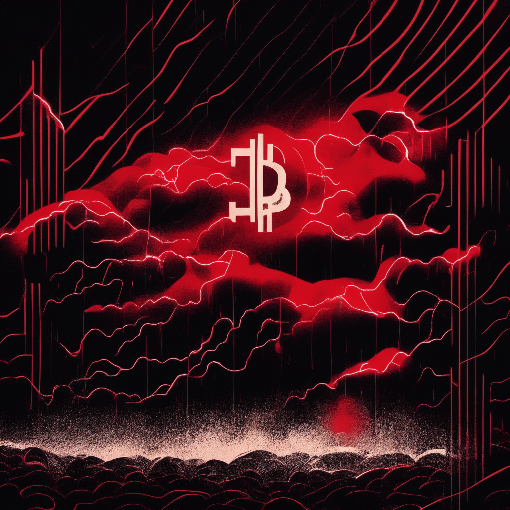 A turbulent cryptocurrency market in a monochrome style, streaks of red indicating a fall in the value of the BNB token against a stormy background, representing various forces against it. A looming ominous figure of a lawsuit with shadowy shapes of derivatives data floating. The light is dim, creating a mood of uncertainty and suspense.