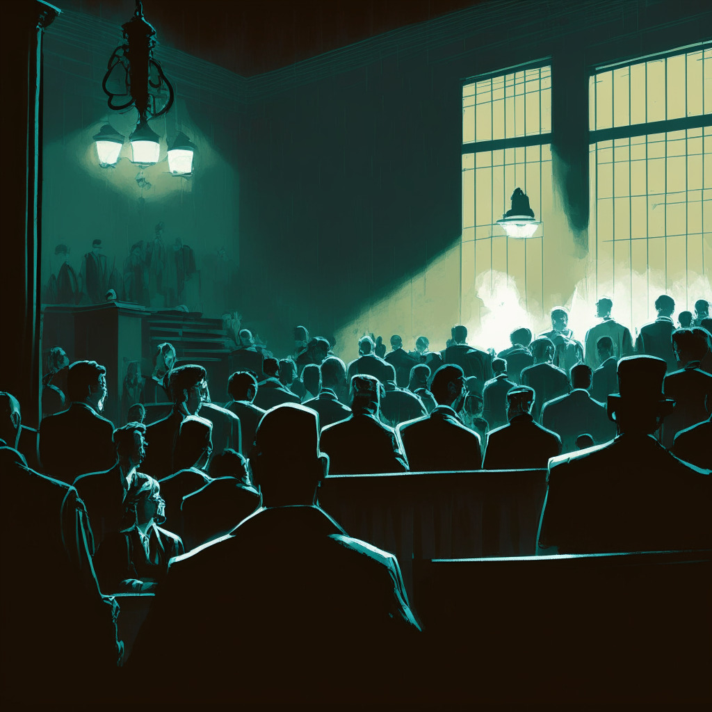 Stormy Bitcoin courtroom scene illuminated by subtle chiaroscuro lighting demonstrating legal complexities. Pessimistic mood with a hesitant crowd reflecting market uncertainty. Mid-frame, shrouded figures symbolising crypto miners grappling with scarcity. Foreground reveals a fluctuating line graph signifying Bitcoin's price instability. Artistic style inspired by Edward Hopper for solitariness.