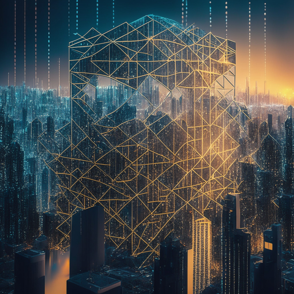 An intricate, futuristic cityscape under dawn's soft glow, emphasizing a perfect blend of traditional and modern. Gray skyscrapers symbolizing traditional banking, alongside colorful, geometric structures, embodying diverse blockchain platforms like Ethereum, Avalanche, Polygon, Optimism. A web of shimmering gold chains, representing Chainlink's cross-chain interoperability protocol, links these structures. A mood of hopeful anticipation fills the scene, illustrating the potential of a connected financial ecosystem.