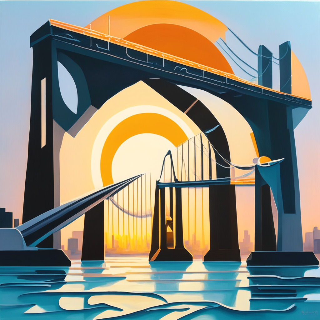 A sophisticated, modern, semi-abstract painting of a traditional and digital bridge merging. In cool tones, showcase the juxtaposition of physical banking institutions and cryptocurrencies. The physical bank should issue shiny bright tokens (deposit tokens) while the digital side emanates stablecoins and CBDCs. The mood is optimistic but measured, and light in an early sunrise setting, indicating a new era.