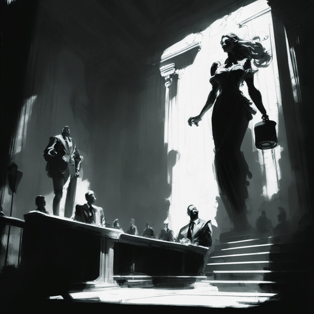 Dramatic courtroom scene in semi-realism art style, dominating figure of Lady Justice prominently displayed, scales tilted heavily. The figures of a distressed businessman representing Gemini, a smiling businessman for DCG entangled in a battle. Heavy shadows, somber mood. Hints of blockchain elements subtly integrated, symbolizing the crypto world. Light pouring from a looming door, representing upcoming regulations, uncertainty and hope.
