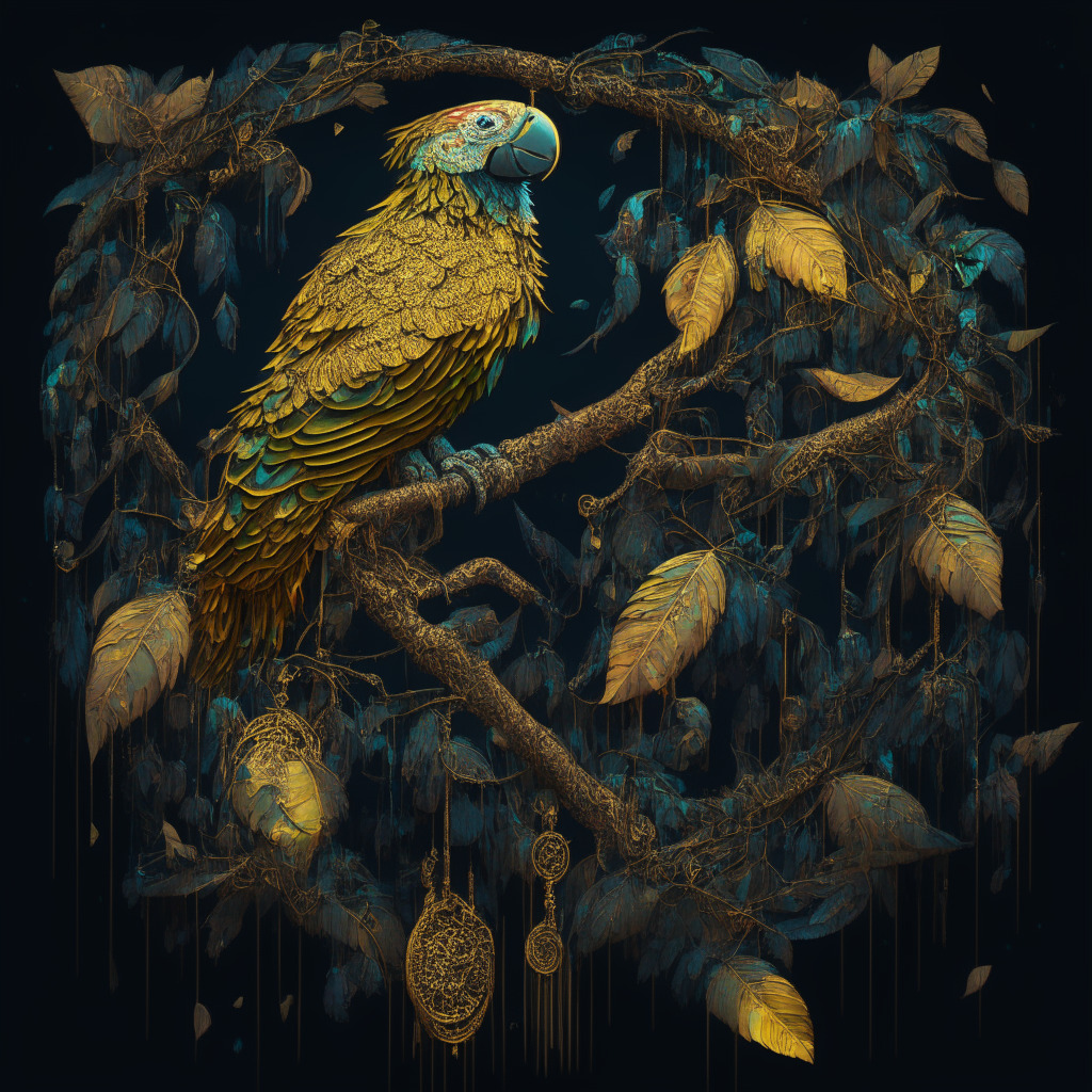 A dramatic representation of a parrot on a digital branch, symbolizing Parrot.fi, painted in the dark, surrealistic style of Yerka. The intricately patterned parrot looks solemn, with feathers wilting, against a backdrop of an abstract digital blockchain tapestry. The tokens, represented by crumbling gold coins, fall from the branch, catching scarce rays of light from the grey, overcast dusk sky, projecting a somber, melancholic mood. Periodically, coins are lifted by an unseen wind, hinting at the controversial token redemption plan.
