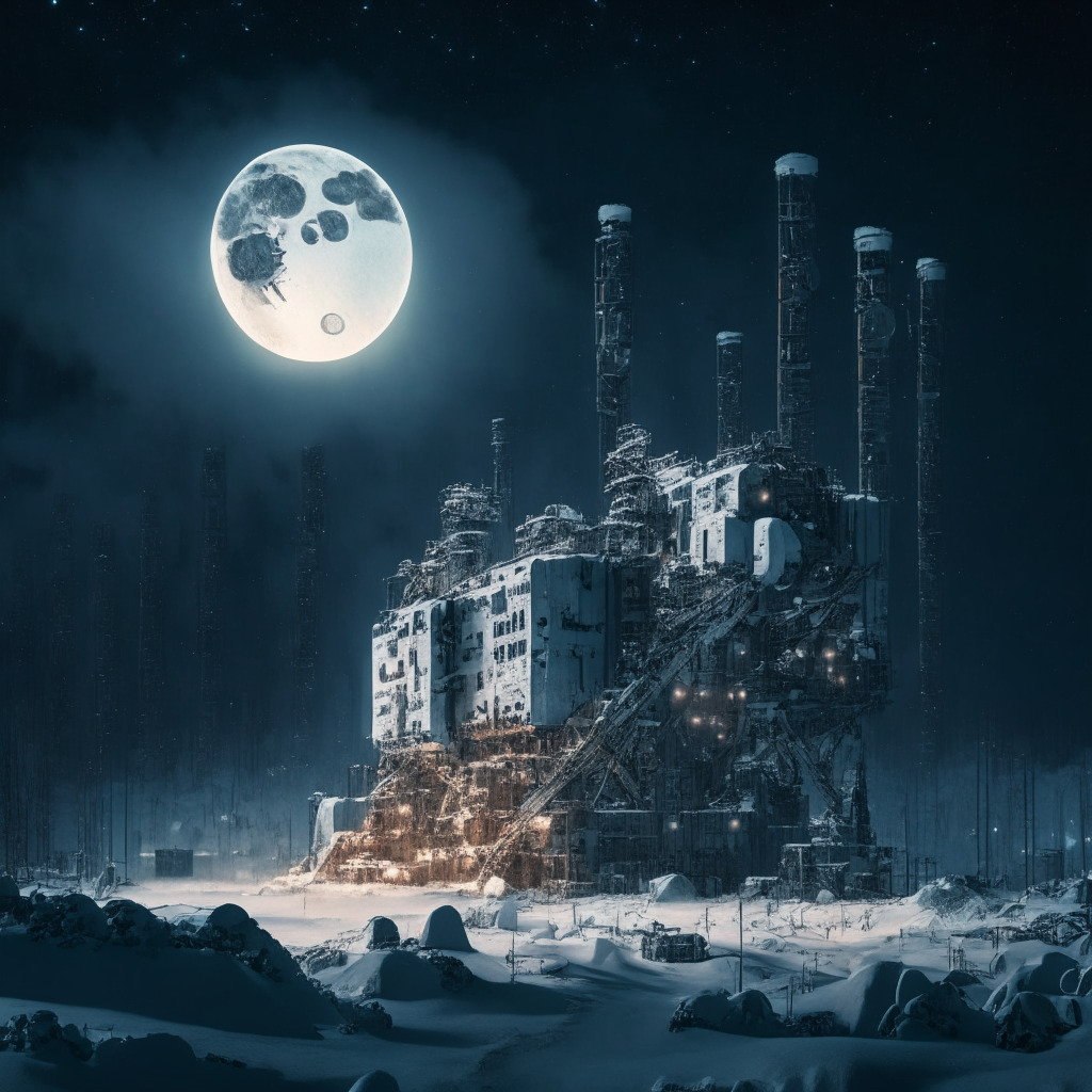 A moody, cinematic interpretation of the Russian Bitcoin mining boom. A sprawling industrial complex thriving under a ghostly, crescent moon, encased in a wintery Russian landscape. The pearl-white snow reflects the eerie glow of countless machines whirring tirelessly. Disharmonious clusters symbolize the turmoil of geopolitics, while twinkling lights on each machine embody the allure of economic incentives.