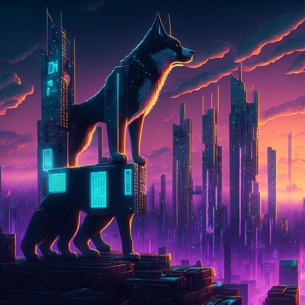 Neo-futuristic cityscape with towering server blocks and digital pathways under a twilight sky, bathed in blockchain signals. Shibarium-inspired dog-shaped structures animate a Metaverse filled with gamer symbols, NFT artifacts and autonomous tech entities. Mood: anticipation, dynamism.