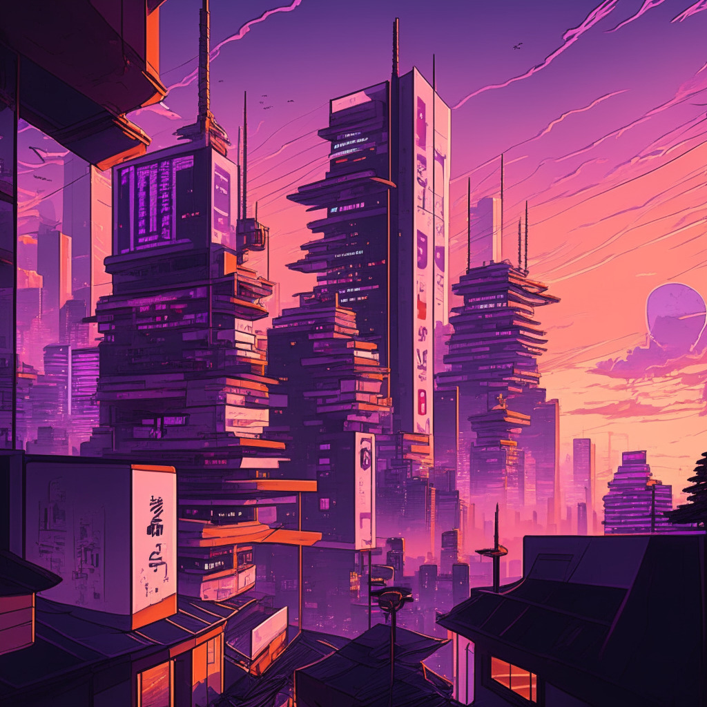 A bustling South Korean cityscape at dawn, cryptocurrency symbols like Bitcoin and Ethereum subtly integrated into the architecture. The sky glows with hues of purple and orange, hinting at the dawn of new regulations. Futuristic high-tech buildings and offices radiate a hopeful yet sober ambiance, signifying transparency. The artistic style is enriched by anime influence and the underlying mood is anticipatory.