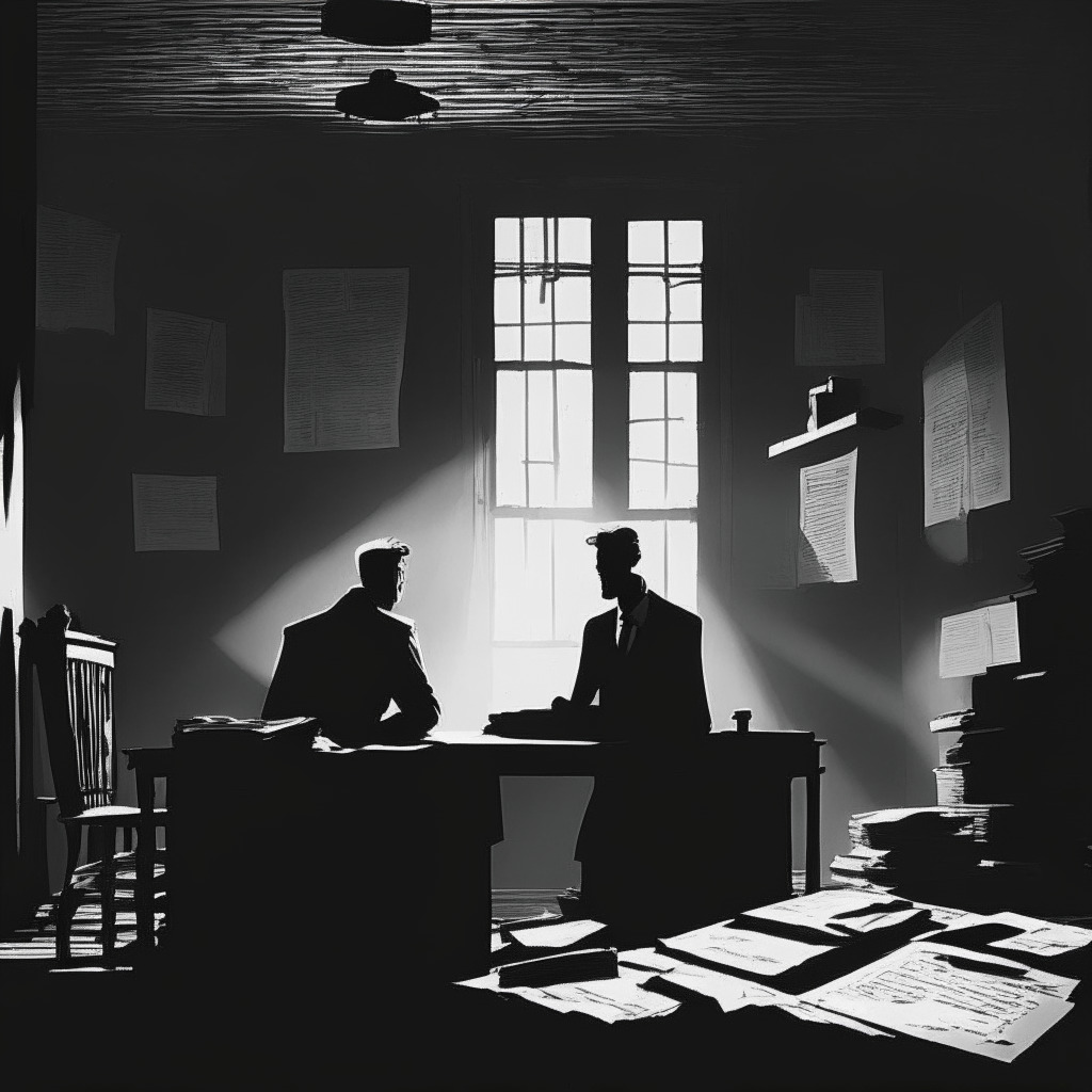 A noir-styled, courtroom scene under dim tungsten light. Foreground displays an anxious man with a pile of legal documents, encapsulating an atmosphere of entanglement, tension and uncertainty. Middle-ground reveals an old-school house with high-tech security, portraying a sense of a claustrophobic house arrest. Background illuminates an ambiguous, ghostly silhouette of a cryptocurrency symbol complemented by question marks, embodying the mystery and complexity of future regulations.
