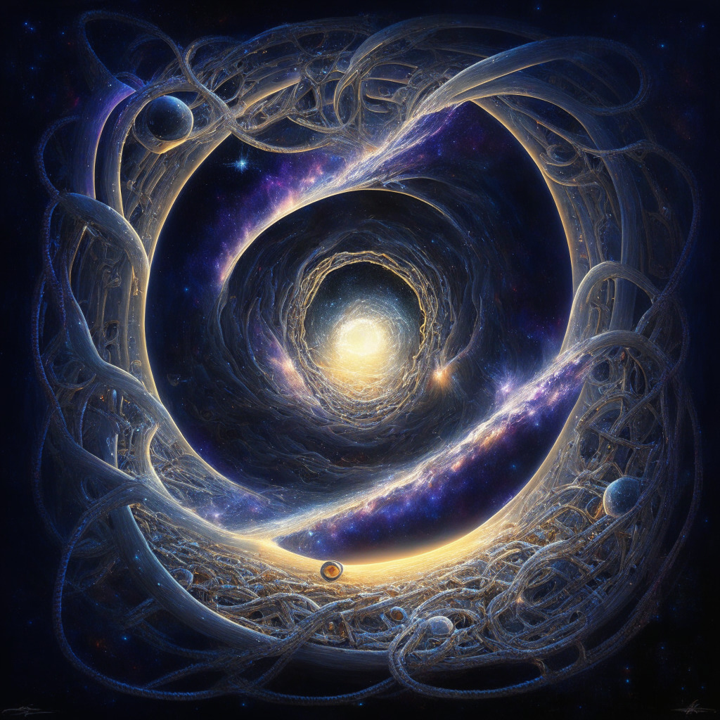A galactic landscape with multiple interconnected chains weaving together, a luminous wormhole serving as a powerful gateway in the center, abstract representation of liquidity flowing from the chains into the wormhole, the lighting mimics the break of dawn signifying a new era, overall mood is of anticipation with a hint of underlying uncertainty, artistic style reminiscent of surrealist space art.