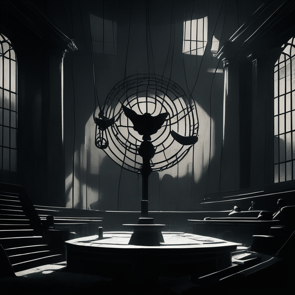Dramatic, noir-lit courtroom with centrally focused gavel, representing justice. Background: shadowy silhouettes of corporate buildings, with a subtle representation of crypto symbols. Foreground: a tangled web, embodying deception and fraud. Style: realism with a touch of Expressionism, conveying an atmosphere of mystery, intrigue, and impending systematic change.