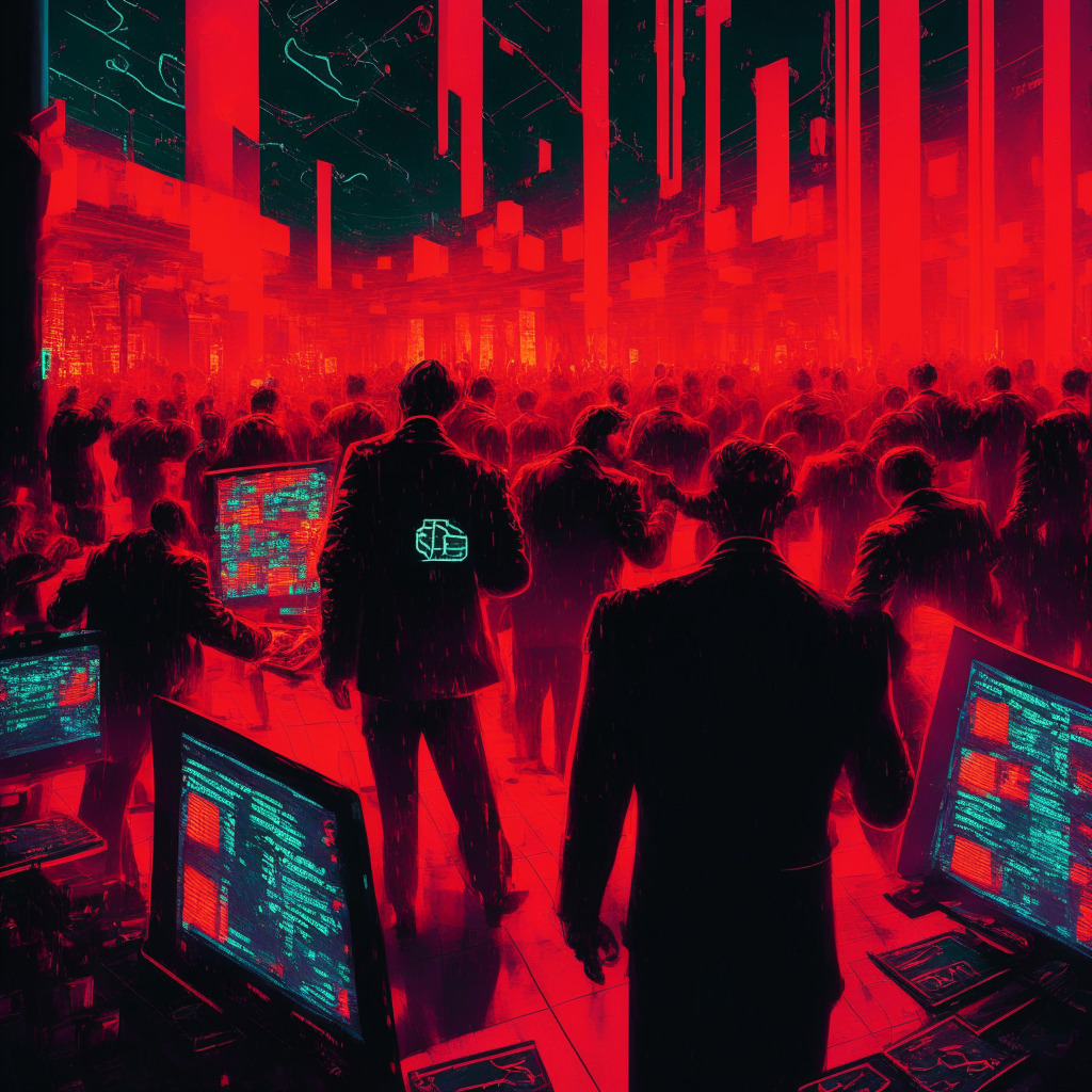 A bustling digital trading floor awash in a neon glow, marred by volatile blockchain events around BALD tokens. Crypto traders navigate a tempest, the rapid ascent and equally quick fall dramatized in a Baroque style. The light shifts from a bright dawn signifying prosperity to an ominous scarlet dusk depicting uncertainty. Mood swings embody optimism, chaotic panic, and caution.