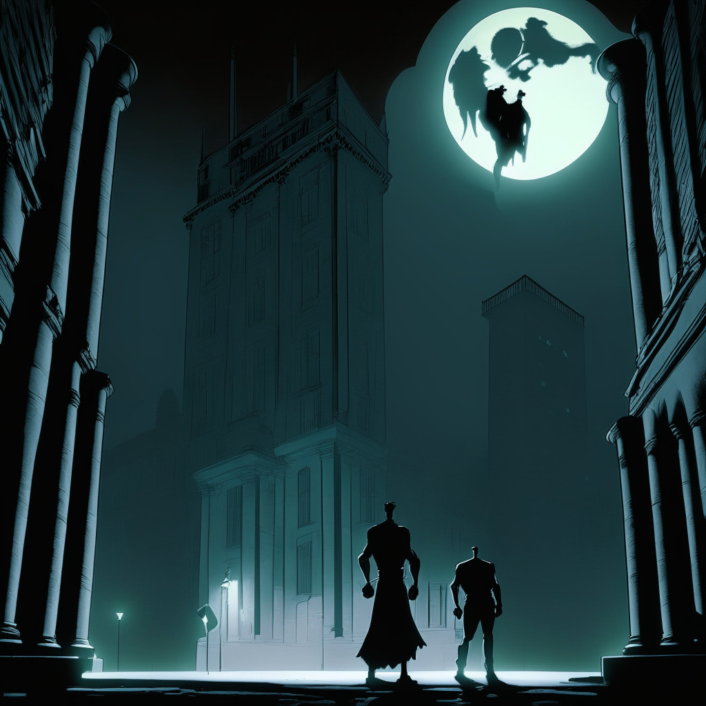 A midnight courthouse scene, Neo-noir style, under a low hanging full moon casting long shadows. In the foreground, an ambiguous duo in silhouette, handcuffed, their faces hidden. In the background, hulking architecture building, its imposing columns starkly lit. Hovering above the scenario, shadows of large, ethereal crypto-coins. Overall mood: tense, mysterious, and potent with a sense of justice.