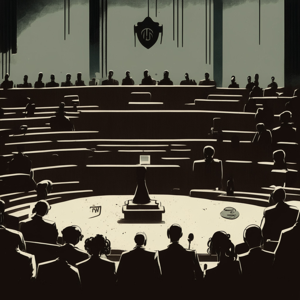 A somber, murky courtroom, filled with weary stakeholders and scaled digital currencies signaled with symbols, no logos or brands. A massive gavel in mid-strike symbolizing the bankruptcy. Tiny silhouettes whisper on the side, denoting disagreements. Handshake, representing the settlement, under a spotlight. Tattered court papers fluttering around, with hints of ambient light seeping in from a high window.