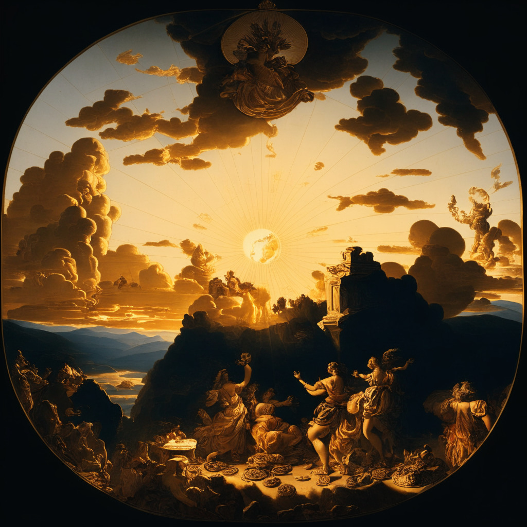 A renaissance-style baroque painting showcasing the allegorical representation of Optimism's upcoming token release. It depicts a vibrant sunrise over a mountainous landscape, illustrating a hopeful yet volatile atmosphere. Silhouettes of figures symbolizing core contributors and investors dividing up coins are seen clearly. Subtle details of fluctuations visible in the rising sun illuminate calm resilience. Light plays a key role in the composition, where soft sunlight showcases a temporary downturn, then brilliant dawn illustrates a strong rally. The mood is reflective and anticipatory, capturing both the short-term instability and long-term growth trajectory of Optimism.
