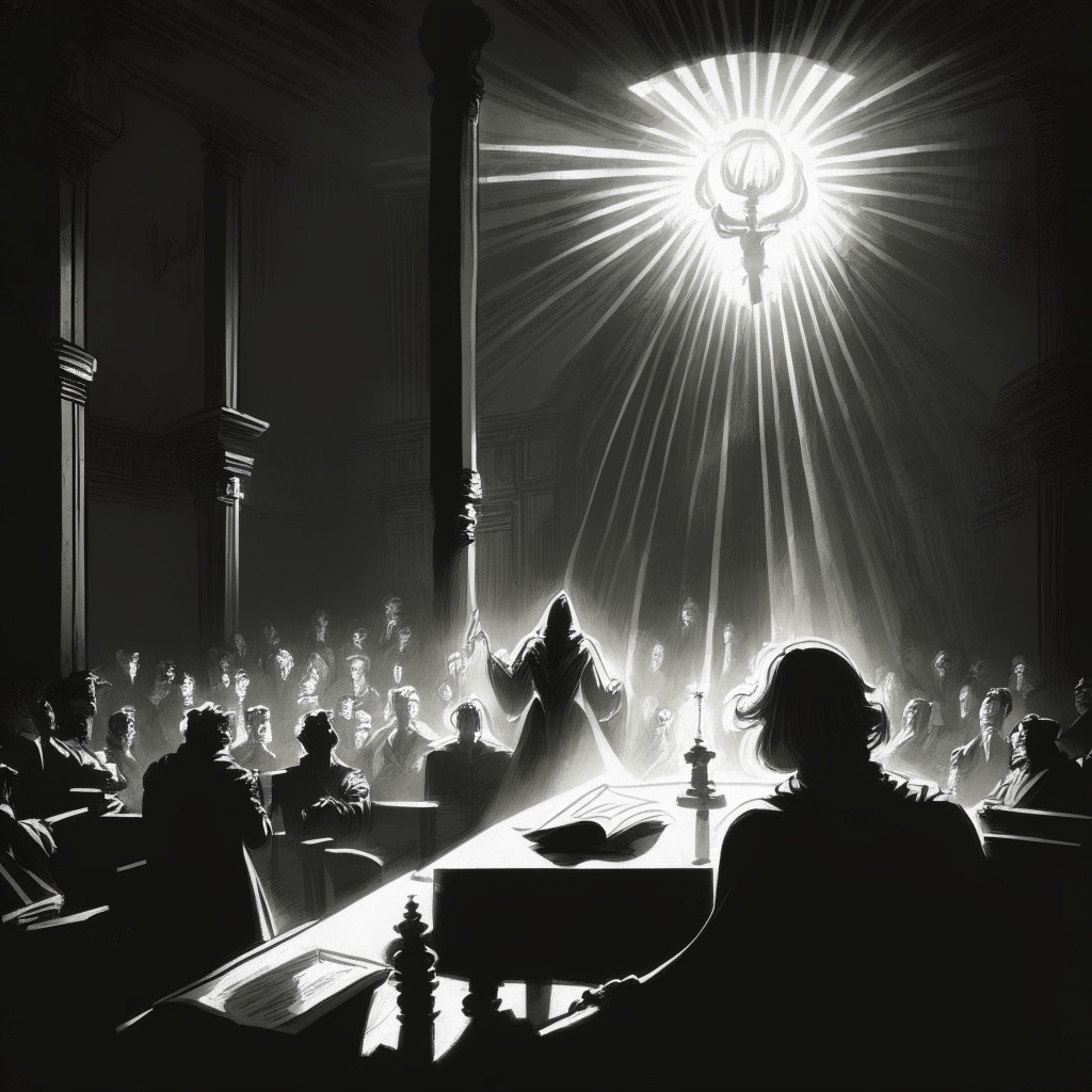 A chiaroscuro-inspired illustration of a mysterious and compelling courtroom scene, illuminated by sharp shafts of light emanating from above, highlighting tension and discord. A central figure hides behind a mask, suggesting deception, while the rest of the room is filled with shadowy figures, implying hidden dangers. In the hands of the mysterious figure, an opened diary symbolizes a vital piece of evidence, surrounded by floating crypto coins, representing the virtual financial world. The atmosphere feels heavy and thick with intrigue, punctuated only by whispers of conspiracy and allegations of malfeasance. The overarching theme reflects a sense of unease and questions over the reliability of digital currencies.