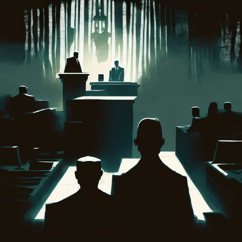 Darkly lit courtroom with two contrasting figures central, representing a former CEO and a faceless embodiment of corporate responsibility. One man shadowed, indictments floating ominously around him. The corporate figure translucent, yet untouchable, reflects a muted admittance of past wrongs. Background suggests waves indicating legal problems, a capsized ship for the failed platform, and intertwining vines portraying the narrative of legal scrutiny and corporate accountability. The overarching mood tense yet pensive. Render in a semi-realistic style.