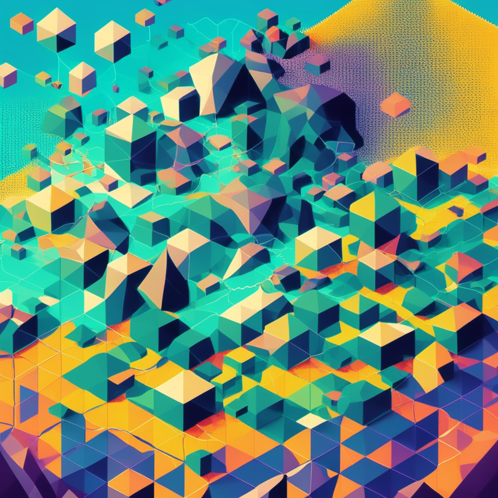 An abstract digital landscape depicts the transformation of MATIC to POL, symbolizing Polygon's evolution. The scene, rendered in pixel art, has cool hues to indicate a calm strategic process but vibrantly warm highlights to denote progress. It shows a multitude of connected nodes representing interconnected chains, illustrating interoperability and multichain validation. A large polygon in the center symbolizes the unified network, with hints of an upward trajectory indicating the token's price surge. Light seeping from the corners of the canvas creates a hopeful aura, reflecting the promising prospects of this transition. The artistic style combines futurism and digitalism, capturing the technological breakthroughs and hinting at the thrilling times in blockchain's world. The image evokes anticipation and excitement, paralleling the game-changing nature of Polygon's roadmap.