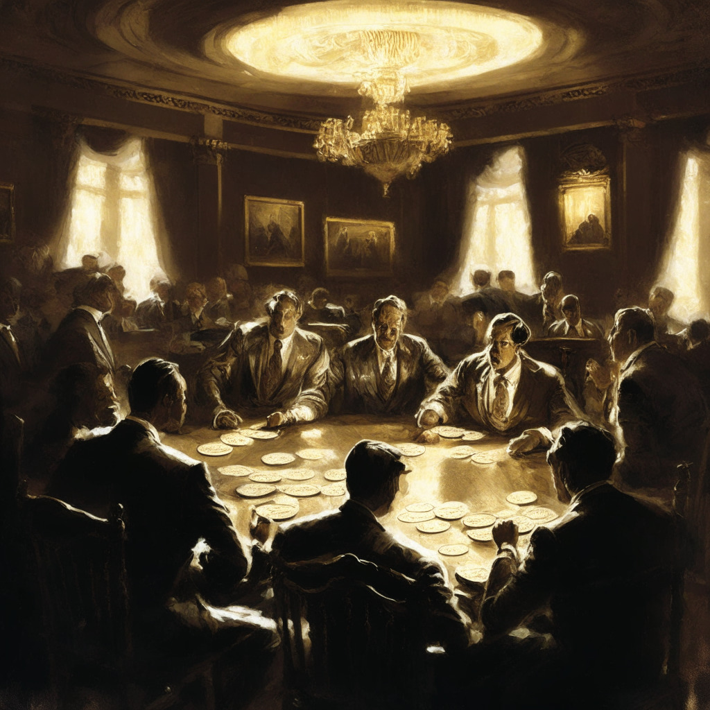 Dusk light filtering into the chamber of the US House Agriculture Committee, a bill featuring digital cryptocurrencies symbolized as tangible, gleaming coins scattered across an antique oak table. Muted colors convey a serious atmosphere in an impressionist style, highlights of gold and silver symbolizing progress and controversy. Expressive faces elicit the mix of support and criticism, with some figures gesturing in approval while others offer caution. The overall mood is tension, a sense of heated debate and negotiation in process.