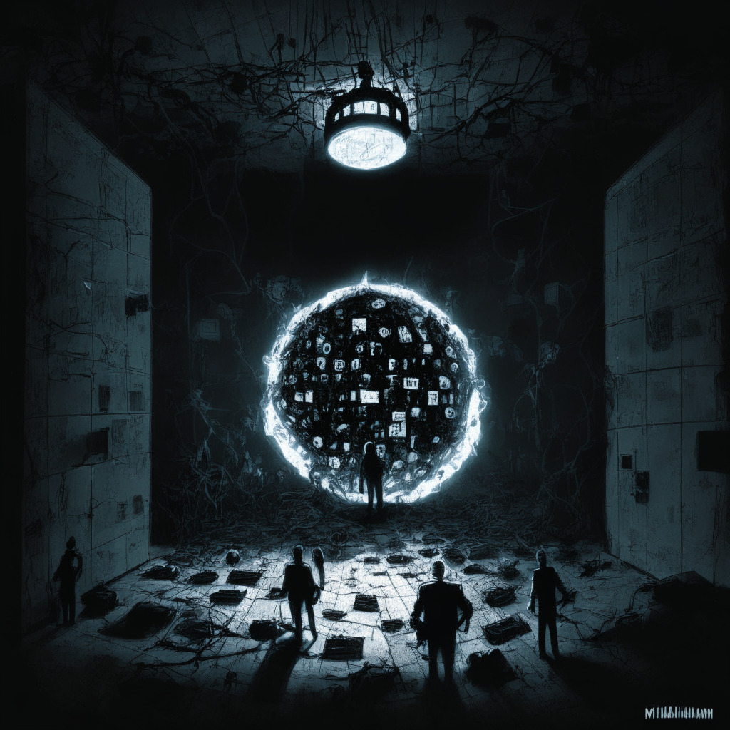 A dark, ominous scene representing a blockchain exploit. In the center, a cracked, glowing sphere labelled 'Multichain' which represents compromised internal keys, surrounded by ghostly figures depicting suspicious withdrawals, theatrical chiaroscuro lighting casts stark shadows creating a mysterious, dramatic mood, a disheveled office space in the background symbolizing internal chaos, a locked steel door half-a-jar visualizing possible inside job, faded images of crypto tokens flowing out from Multichain's sphere to imply abnormal outflows, a silhouette symbolizing the missing CEO, an abstract representation of the frozen assets, all done in a contemporary digital painting style that highlights the urgency and severity of the situation.