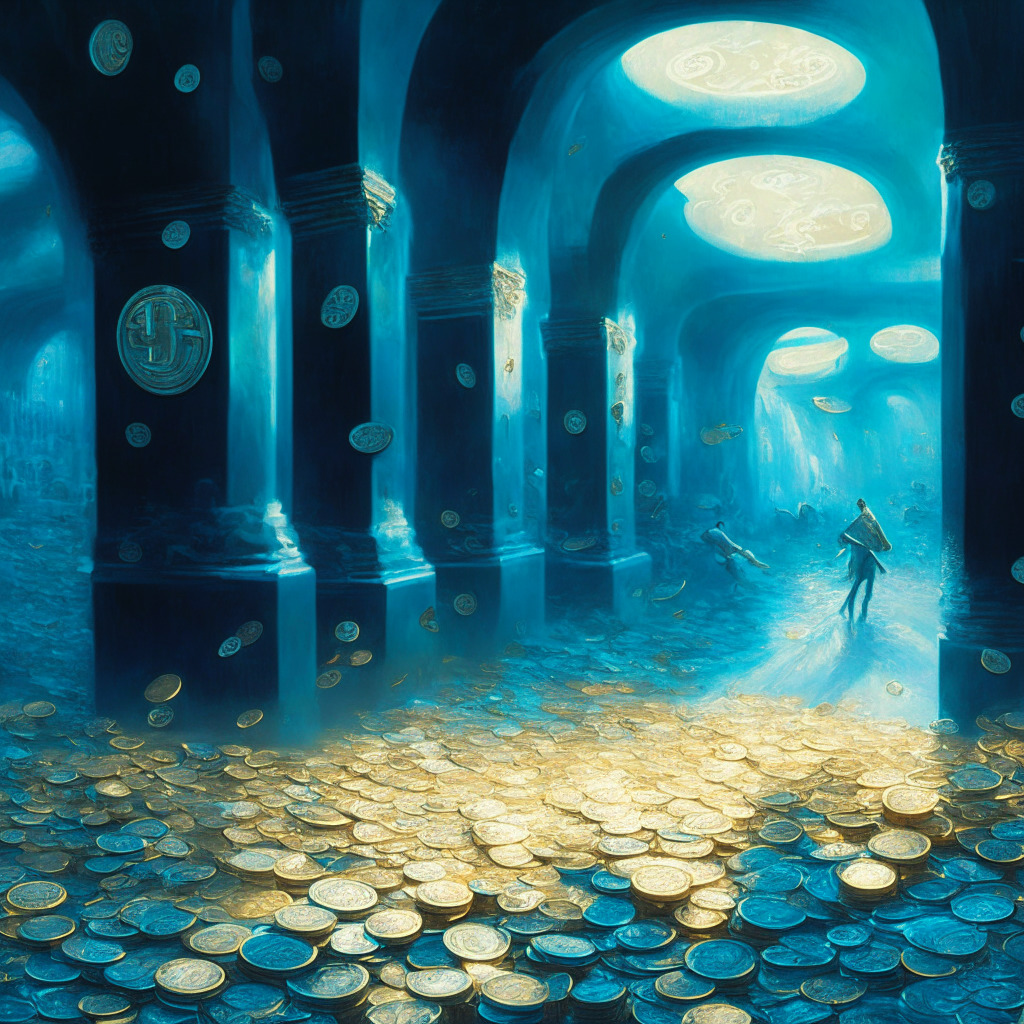Surreal painting depicting a monumental surge of shiny coins, emerging from a futuristic exchange platform placed in the center of a bustling digital marketplace. Metallic hues dominate the scene, highlighting the ethereal glow emitted by the coins. The scene evolves under the azure early-morning light, casting soft shadows, and creating a sense of mystery and anticipation. The volatile mood is palpable, indicative of potential future changes.