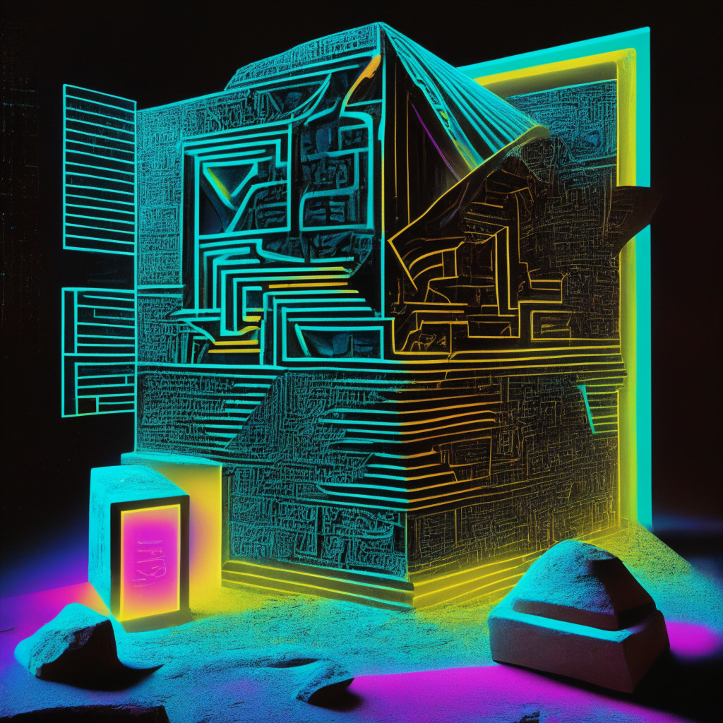 An abstract, cubist-style image of a cryptic Rosetta Stone against a surreal, 1980s inspired neon landscape, symbolizing the mystery and complexity of zero-knowledge proofs. The lighting is sharp and contrasting, evoking a sense of intrinsic duality. A translucent veil across the image suggests elements of both disclosure and concealment, reflecting the double-edged implications of privacy and security in the cryptosphere.
