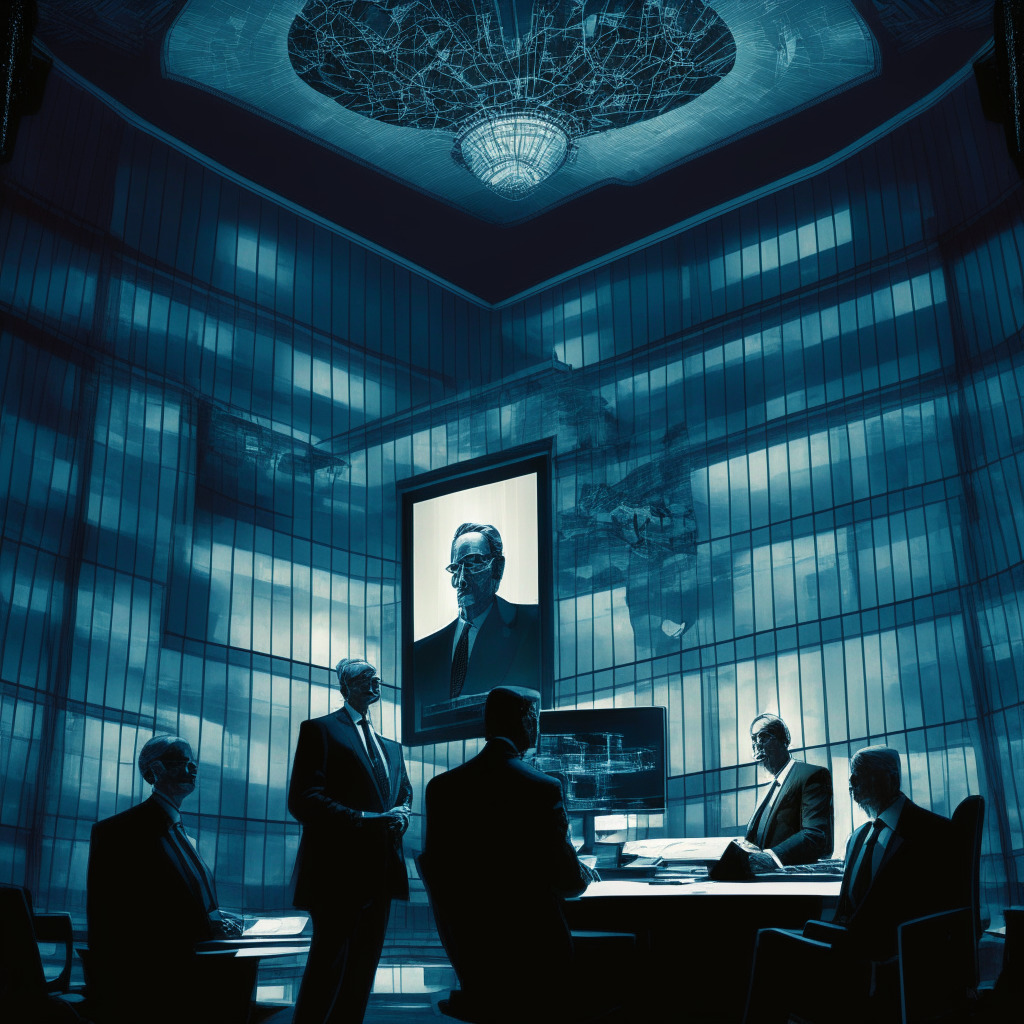 An intricate government office, mood tinged with suspicion, a dramatic chiaroscuro lighting highlighting key figures- Senator Tuberville, Chair Gensler, Attorney General Garland and CEO Aaron Kaplan. Chaos of papers symbolizing confusion over a futuristic, transparent blockchain floating mysteriously. Blockchain's ties depicted as a network connected to a dimly lit, ambiguous Chinese emblem elicit controversial undertones.