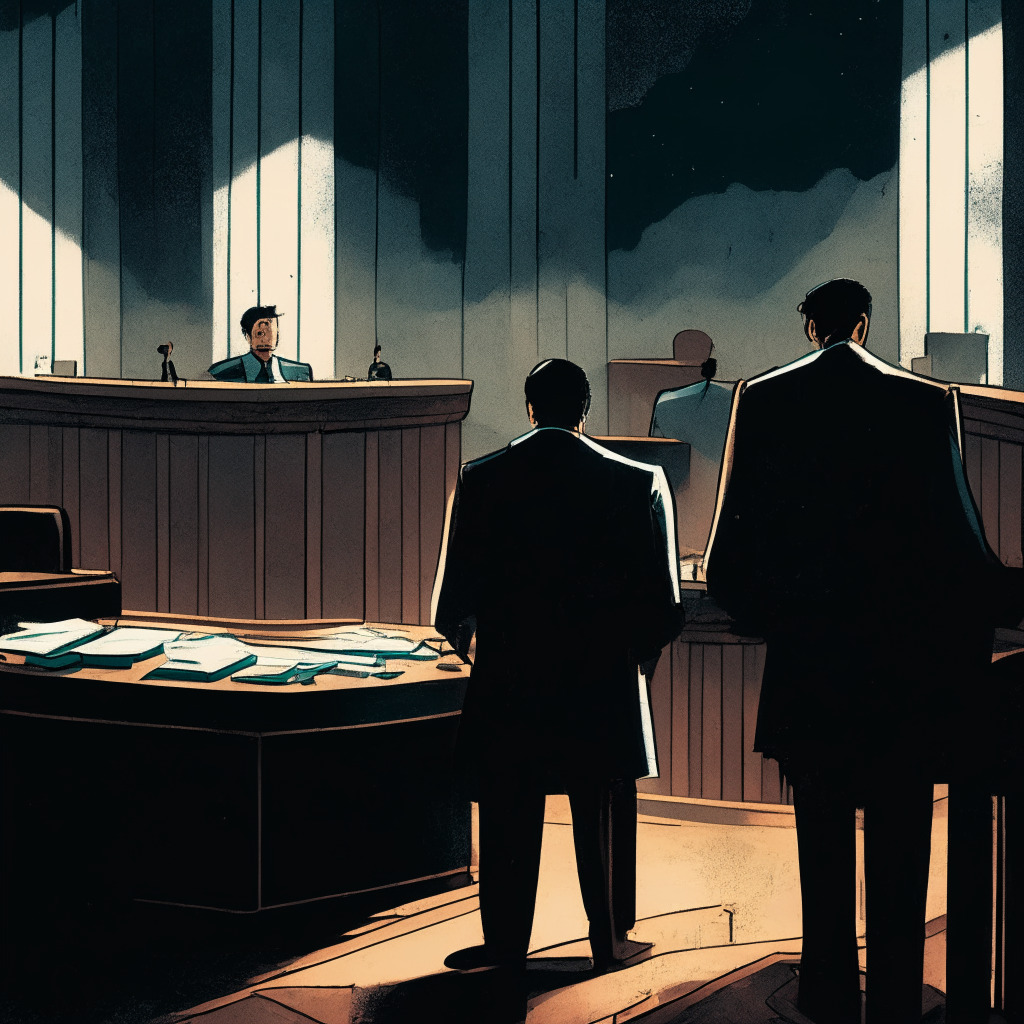 A dimly lit courtroom, a gloomy atmosphere, a high-stakes trial in action. Two central figures, Daniel Shin and Do Kwon, stand accused amidst a storm of controversy. The Terra and Luna cryptocurrencies, once vibrant, now lie shattered in the background, portraying a collapsed economy. Below, a shadowy ripple spreading out, symbolizing its disastrous influence on the wider crypto market. Integrate the stark tension and foreboding chaos, accentuated by an artistic noir-style rendering.