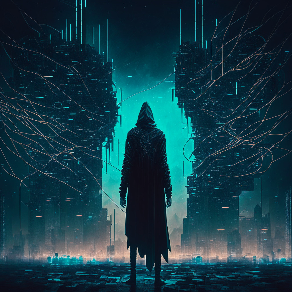A mysterious figure standing in a dimly lit virtual landscape, holding multifaceted threads representing connections, set against the backdrop of a sprawling cryptic metropolis, in a classic, futuristic cyberpunk style, evoking a sense of intrigue, skepticism, and promise related to the exploration of decentralization in the crypto realm.